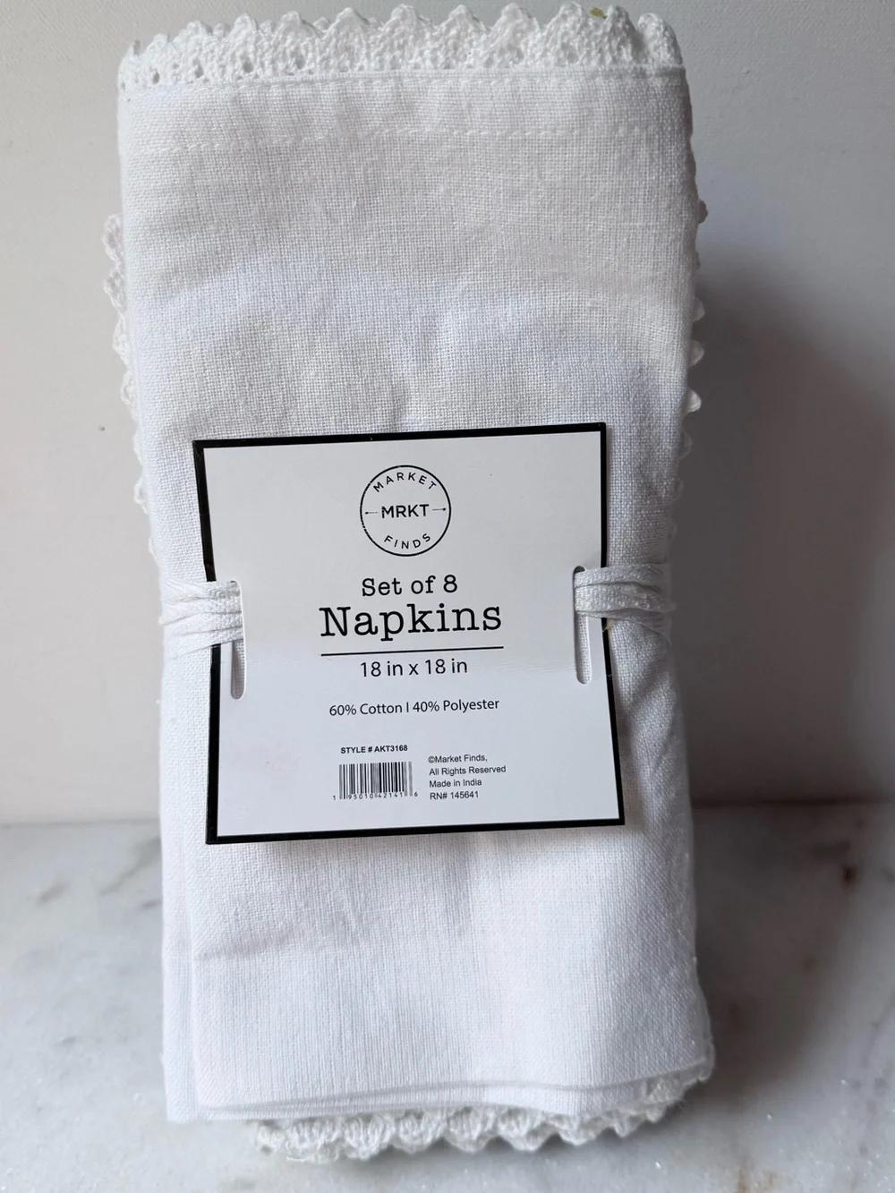 MRKT Set of 8 White Crochet-Edge Napkins 18”x18”